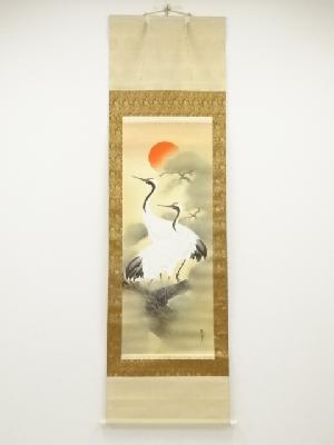 桂雪筆　松鶴　肉筆絹本掛軸（共箱）